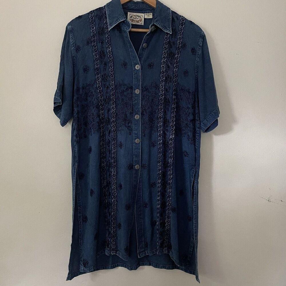 Vintage Denim Jean Tunic Dress M Embroidered Button Western Festival 24 Karat